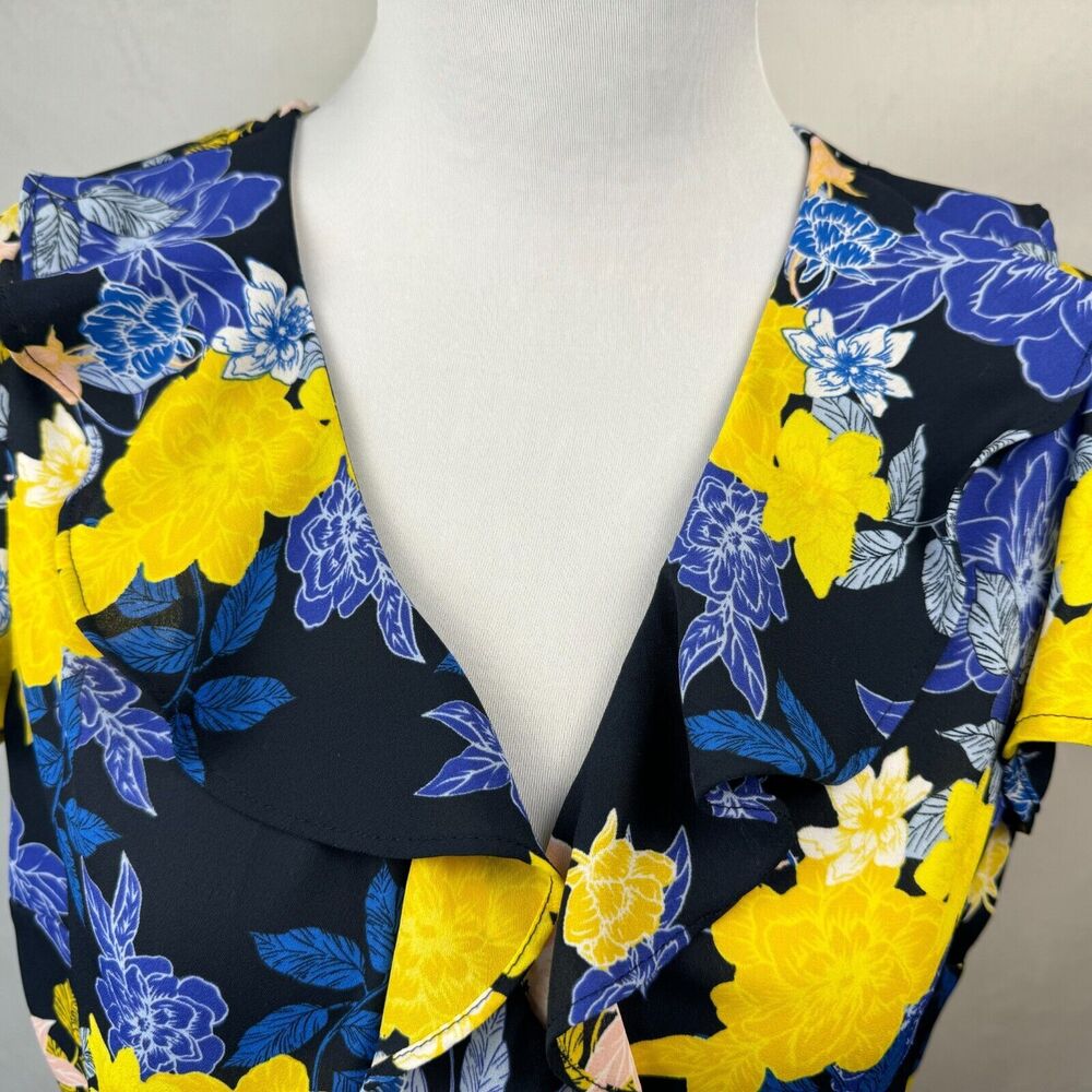 Banana Republic Wrap Blouse Sz S Black Floral Ruffle Design Cap Sleeve - Picture 4 of 13